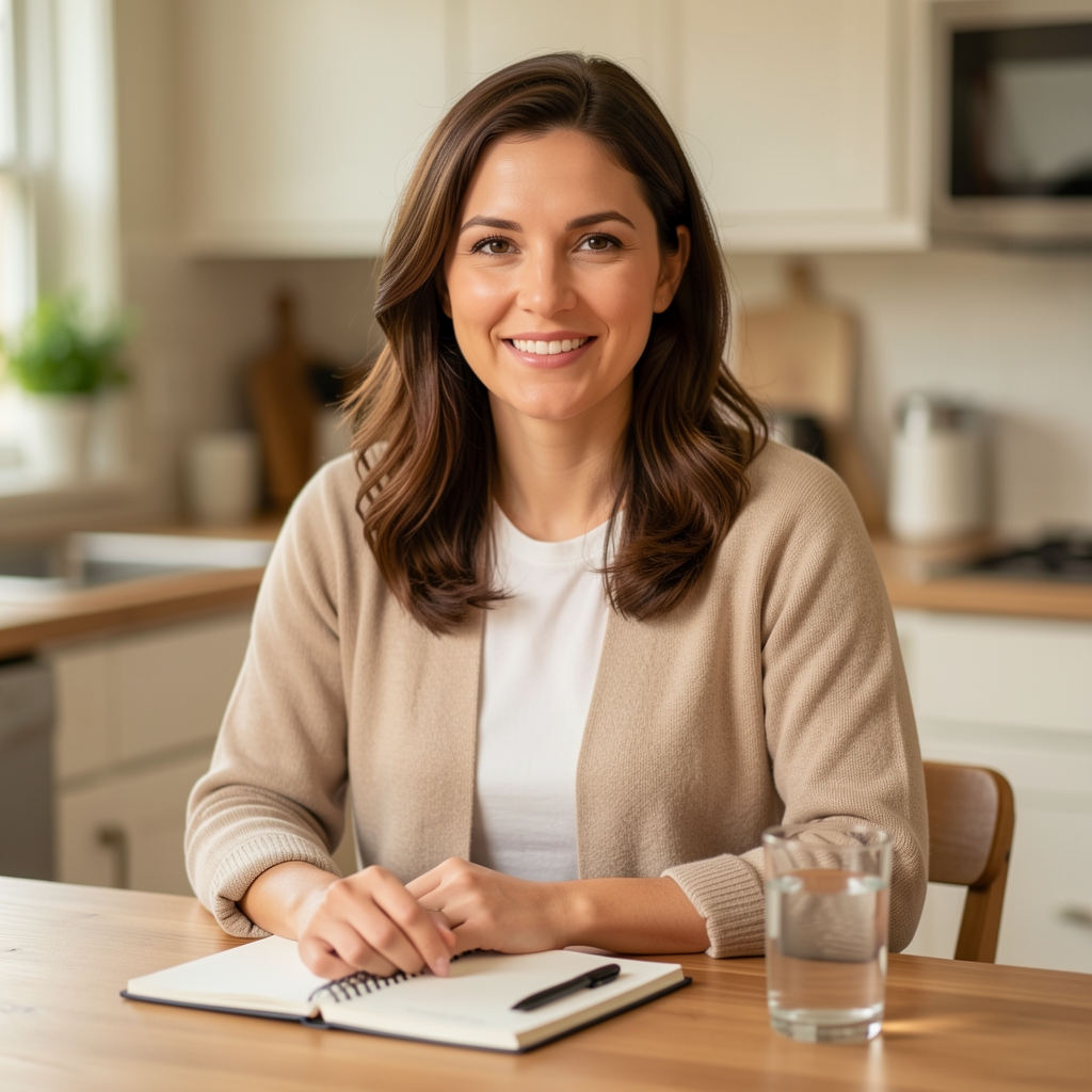 Portrait of a nutrition writer photographed at a kitchen table with a notebook and glass of water, in clean warm ambient light