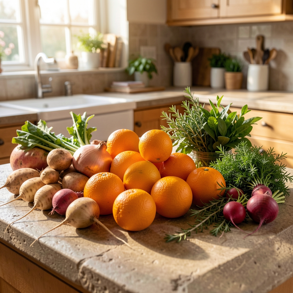 Colourful assortment of seasonal produce laid out on a stone kitchen counter: root vegetables, citrus fruits, and fresh herb bunches in afternoon light