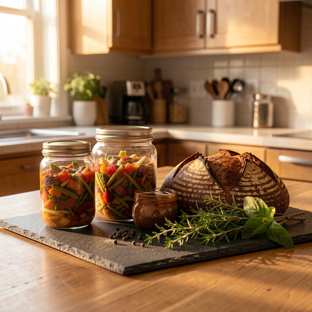 Home kitchen counter with fermented foods in glass jars, dark sourdough loaf, and fresh herbs arranged on a slate board, warm evening light